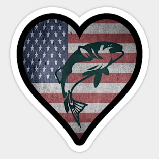 I Love Fishing Heart With American Flag Sticker